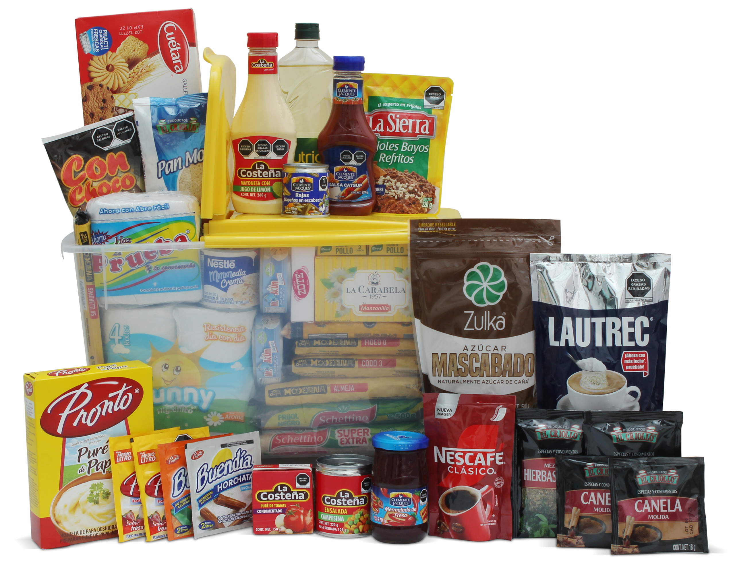 Despensa empresarial Aspiración con productos esenciales y presentación corporativa.
