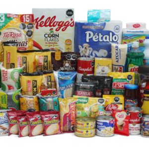 Despensa empresarial Valentía con productos esenciales y presentación corporativa.
