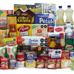 Despensa empresarial Prosperidad con productos esenciales y presentación corporativa.